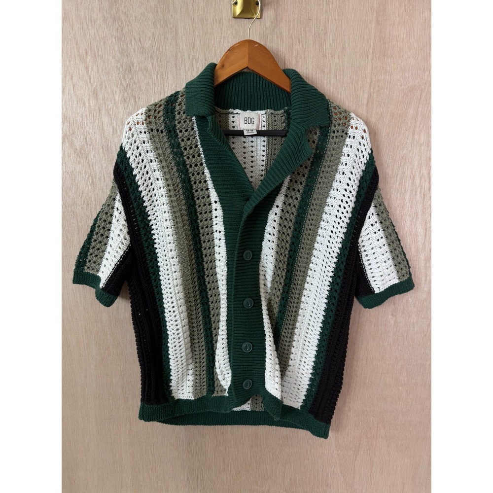 BDG Mens Medium Crochet Knit Button Down Shirt Green Striped Short Sleeve Camp